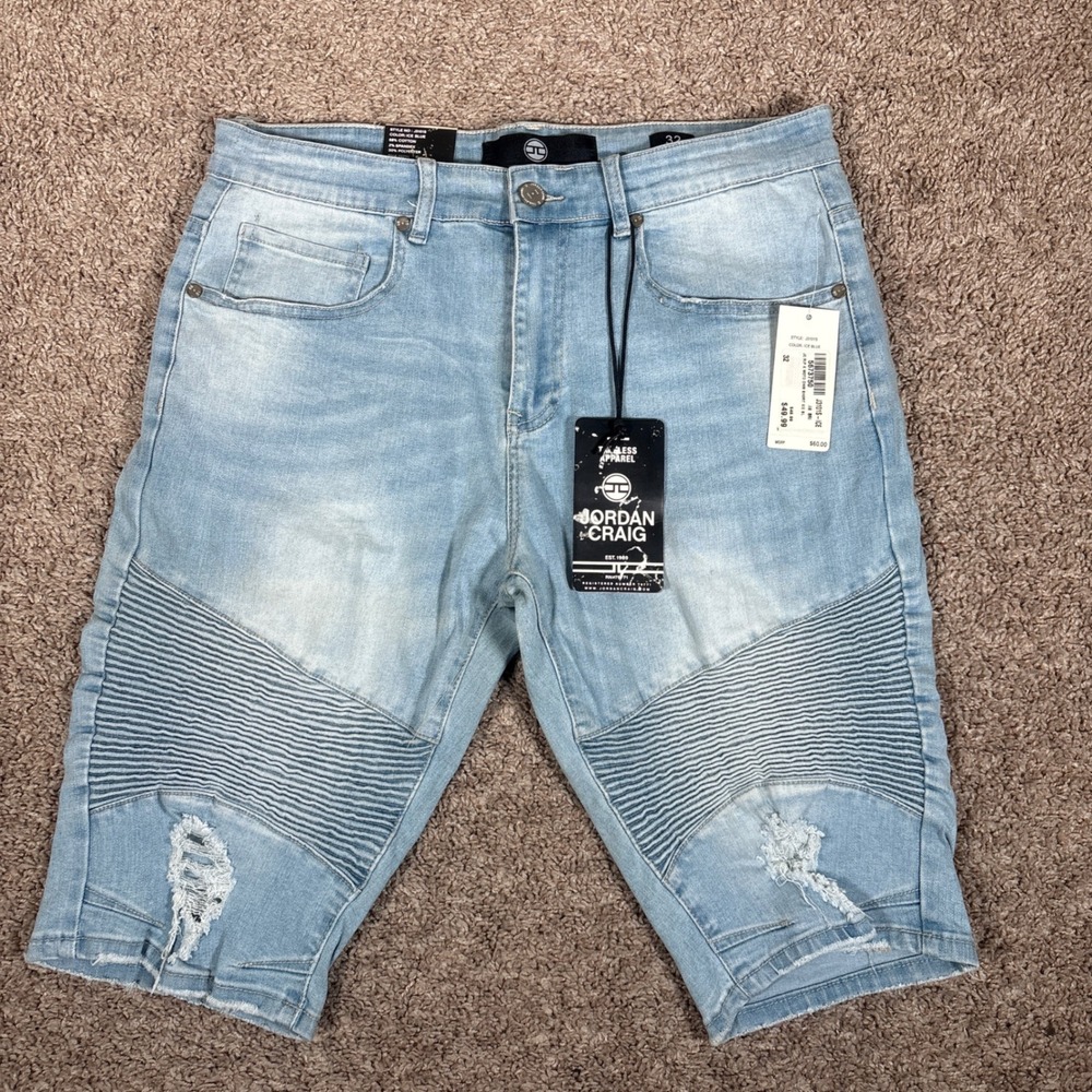 Jordan Craig Mens Ross Moto Denim Shorts Ice Blue Distressed Biker Size 32 NWT